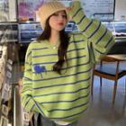 Round Neck Striped Sweater Avocado Green - One Size