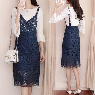Set: Ruffle Sleeve Top + Lace Spaghetti Strap Dress
