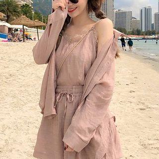 Set: Lace Trim Camisole Top + Long-sleeve Shirt + Shorts