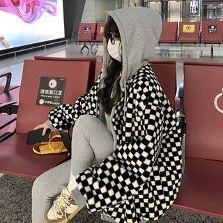 Checkerboard Fleece Zip-up Hoodie Check - Black & White - One Size