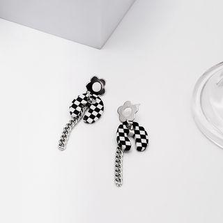 Flower Check Fringed Earring 1 Pair - E1998-5 - Black & White - One Size