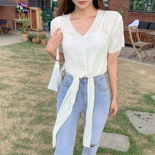 Short-sleeve Tie-front Pointelle-knit Cardigan
