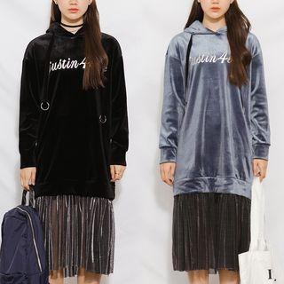 Hooded Long-sleeve Pleated Panel Dress