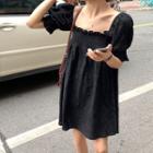 Ruffle Trim Puff-sleeve Square-neck Mini A-line Dress Black - One Size