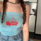 Cherry Print Drawstring Tube Top Sky Blue - One Size