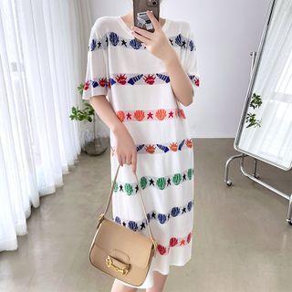 Short-sleeve Shell Print Knit Dress White - One Size