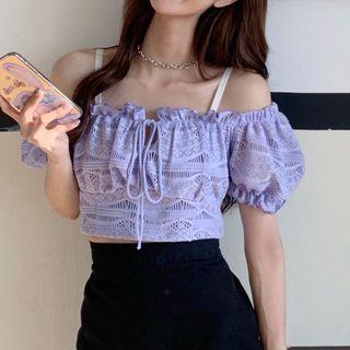 Short-sleeve Cold Shoulder Top Purple - One Size