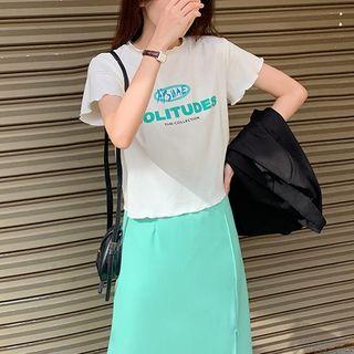Printed Short-sleeve Cropped Top White - One Size