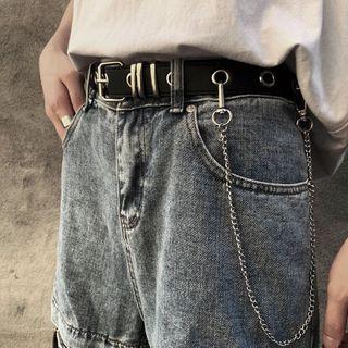 Chained Faux Leather Belt With Chain - Black - One Size