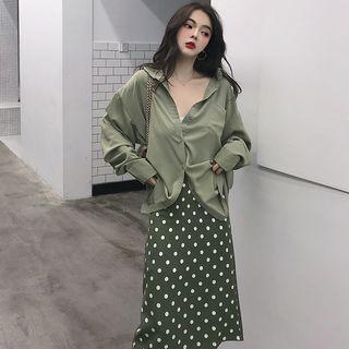 Long-sleeve Shirt / Polka Dot Midi Pencil Skirt