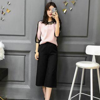 Set: Mesh Panel 3/4-sleeve Top + Cropped Wide-leg Pants