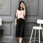Set: Mesh Panel 3/4-sleeve Top + Cropped Wide-leg Pants
