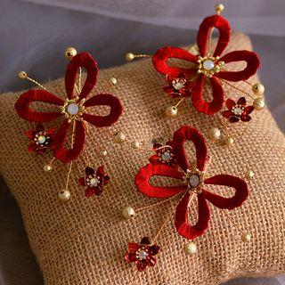 Set Of 3: Bridal Flower Hair Clip Red - One Size