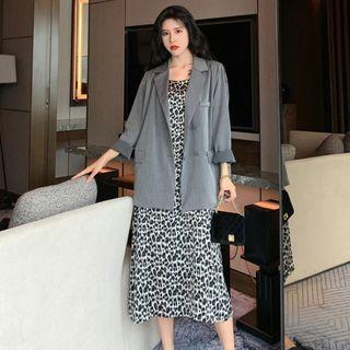 Long-sleeve Single-breasted Blazer / Leopard Pattern Slipdress