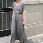 Set: Plain Short-sleeve T-shirt + Drawstring-waist Midi A-line Skirt