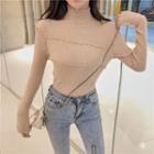 Long-sleeve Mock Neck Ruffle Trim Knit Top