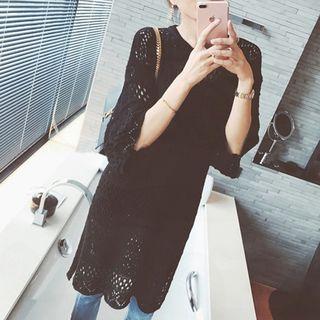 Pointelle 3/4-sleeve Long Knit Top