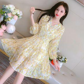 Floral Ruffled Gather Waist Chiffon Dress