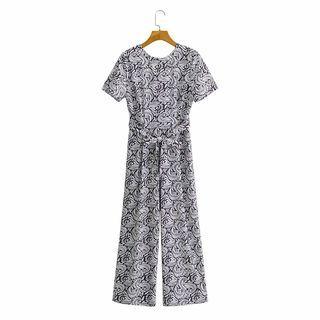 Short-sleeve Patterned Wide-leg Jumpsuit