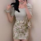 Puff-sleeve T-shirt / Tie-dyed A-line Skirt