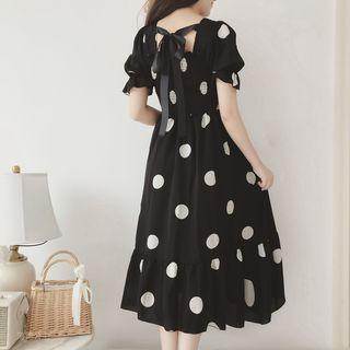 Short-sleeve Polka Dot A-line Midi Chiffon Dress Black - One Size