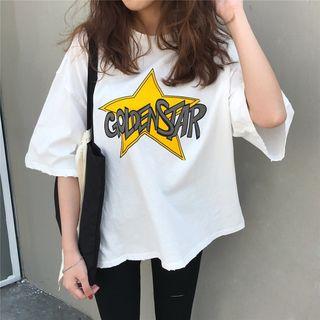 Printed Elbow-sleeve Ripped T-shirt