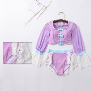 Set: Eyelet Trim Bell-sleeve Swim Top + Bottom
