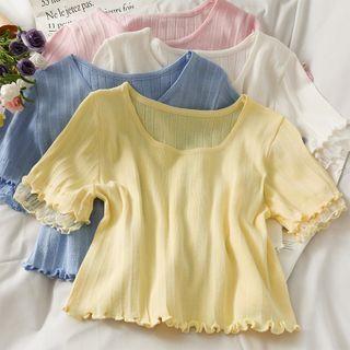 Mesh-trim Ruffled Crop Knit Top In 6 Colors