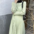 Long-sleeve Midi A-line Dress Green - One Size