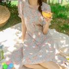 Square-neck Puff-sleeve Midi Floral Dress