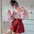 Long-sleeve Floral Print Chiffon Blouse / Wide Leg Shorts