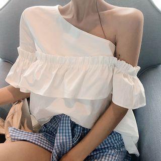 Off-shoulder Check Ruffled Cropped Top