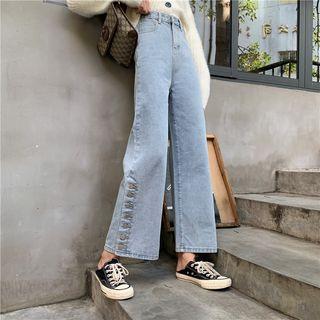 V-neck Cardigan / High-waist Buttoned Jeans