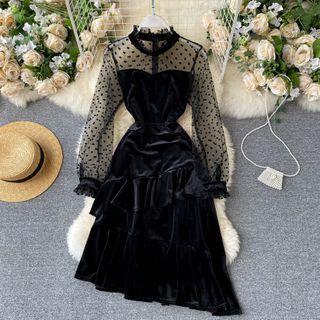 Mesh Panel Velvet Asymmetrical Ruffle Dress