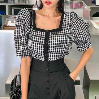 Square-neck Puff-sleeve Check Blouse