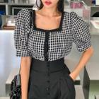 Square-neck Puff-sleeve Check Blouse