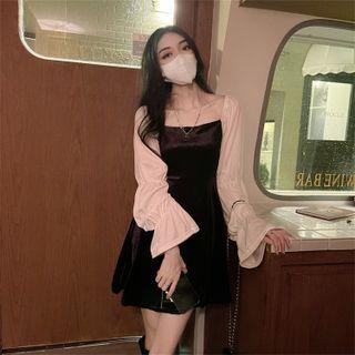 Long-sleeve Square-neck A-line Dress Black - One Size