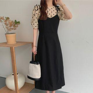 Mock Two-piece Short Sleeve A-line Midi Dress Black - One Size