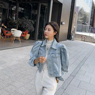 Puff-shoulder Denim Trucker Jacket