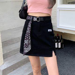 A-line Denim Skirt / Printed Belt / Set