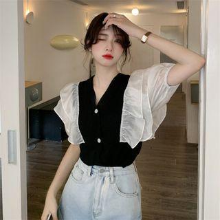 Short-sleeve Ruffle Trim Panel Top Black - One Size