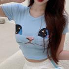 Short-sleeve Cat Print Cropped T-shirt / Sweatshorts