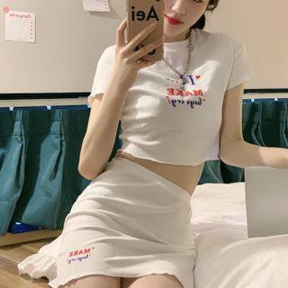 Set : Short-sleeve Lettering T-shirt + A-line Package Hip Skirt