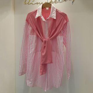 Inset Scarf Striped Long-sleeve Shirt