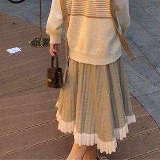 Ruffle Hem Contrast Trim Knit Midi A-line Skirt