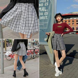 Button-front Plaid Miniskirt With Sash