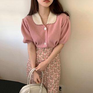 Puff-sleeve Collar Cardigan / Floral Midi Pencil Skirt