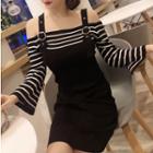 Mock Two-piece Long-sleeve Cold-shoulder Mini Knit Dress Stripe - Black & White - One Size