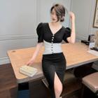 Puff-sleeve Two-tone Front-slit Sheath Dress