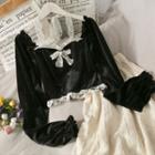 Lace-panel Velvet Crop Top Black - One Size